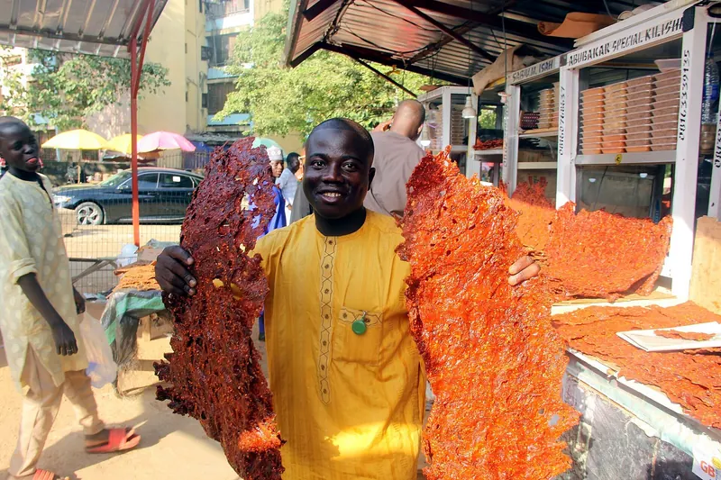Kilichi (kilishi), thin sheets of spiced dried beef