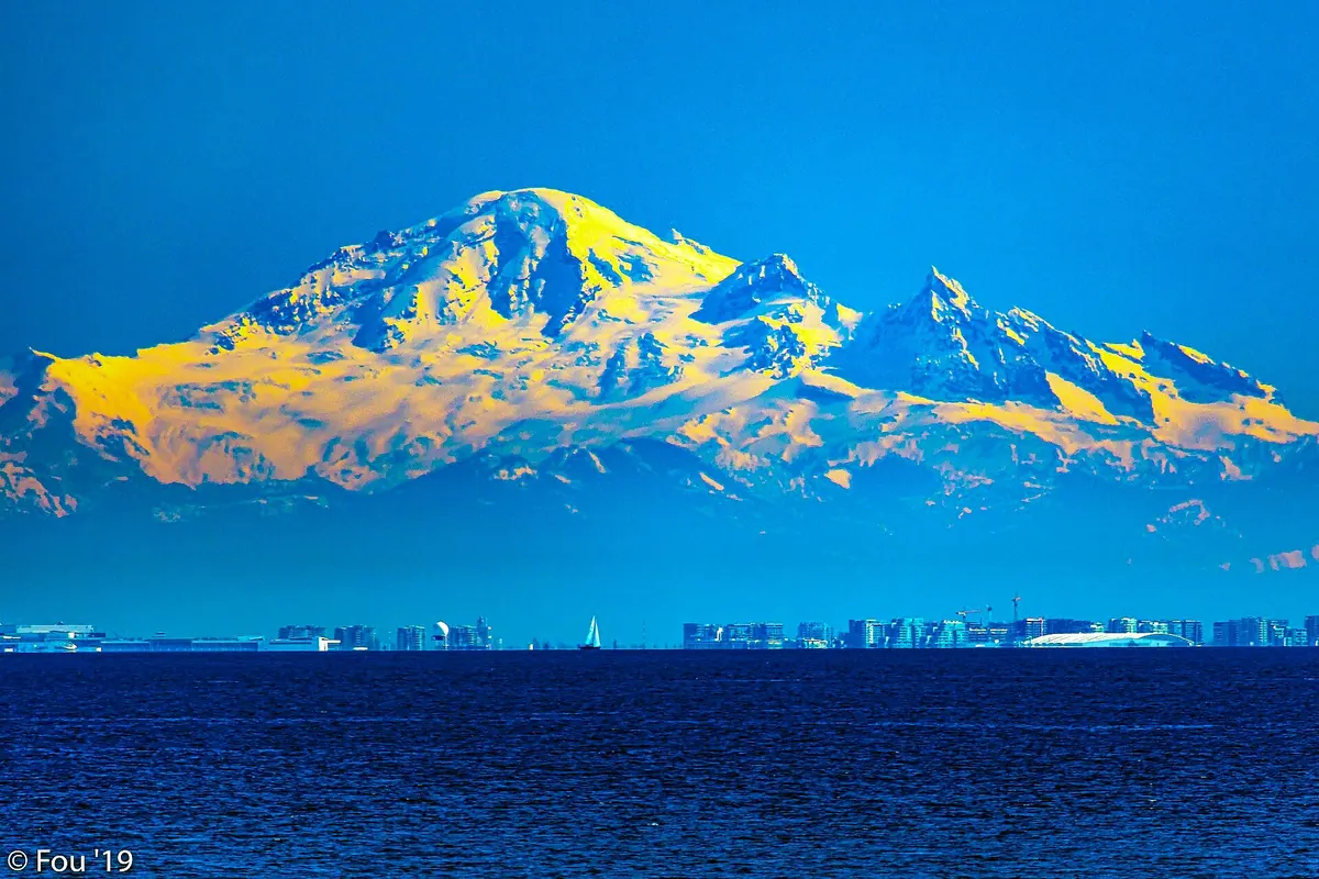 The Vancouver skyline with Mount Baker behind