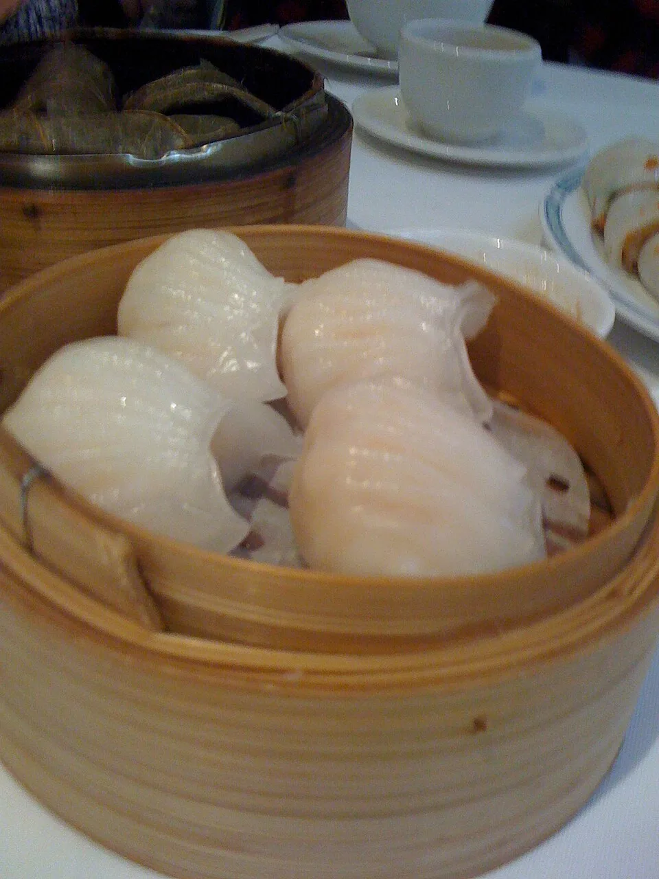 Har gow in a bamboo steamer at Sun Sui Wah, Vancouver