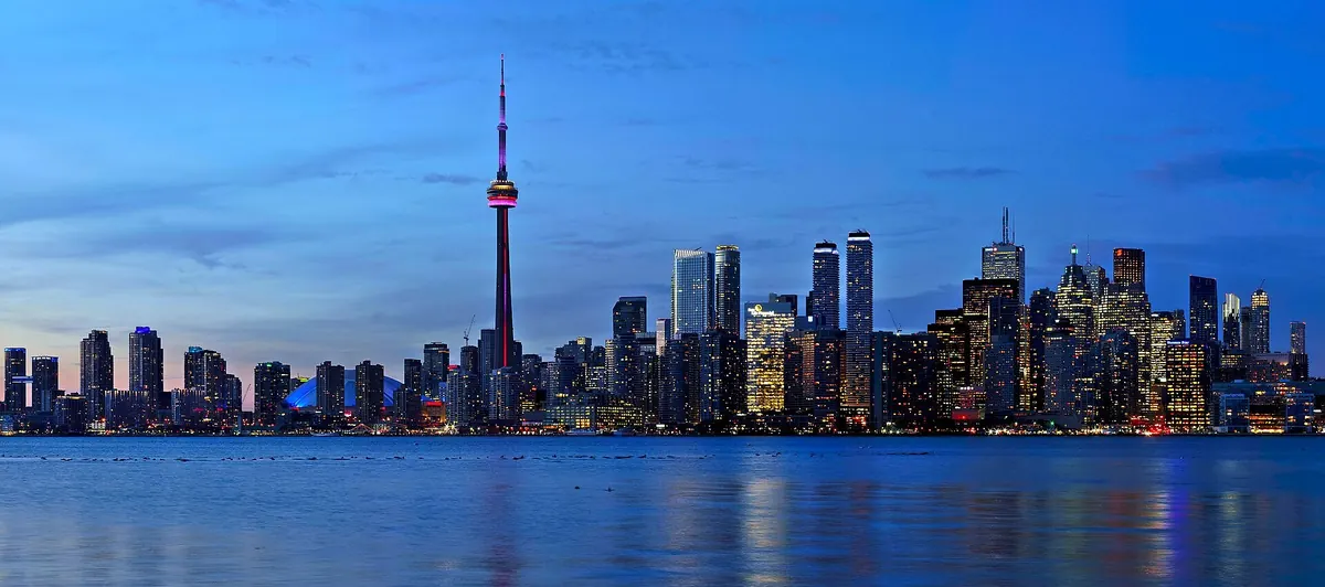 The Toronto skyline at sunset, seen from the Toronto Islands