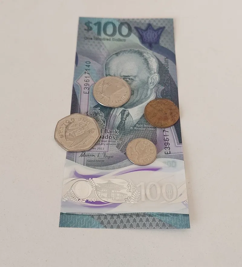 A Barbadian hundred-dollar bill with coins