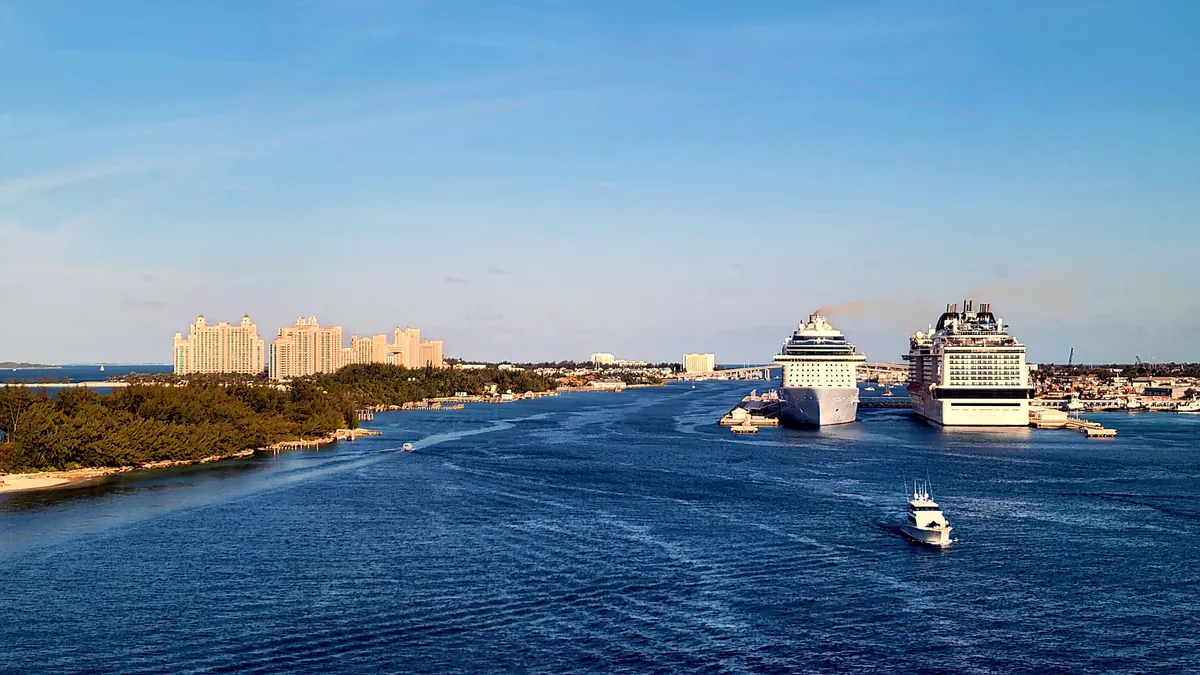 Nassau Harbour with cruise ships and Atlantis, Bahamas