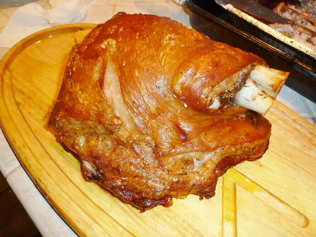Pernil, roast pork shoulder, a Puerto Rican fonda staple