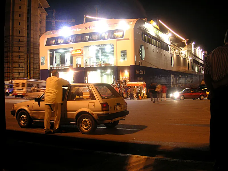 A Blue Star ferry loading at the port of Piraeus