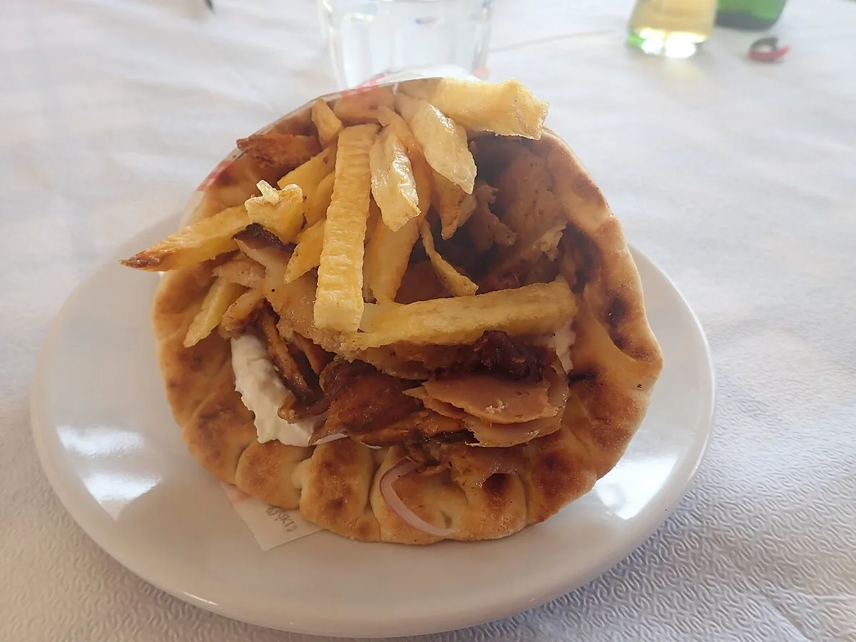 A gyros pita, wrapped: meat, fries, tomato, tzatziki