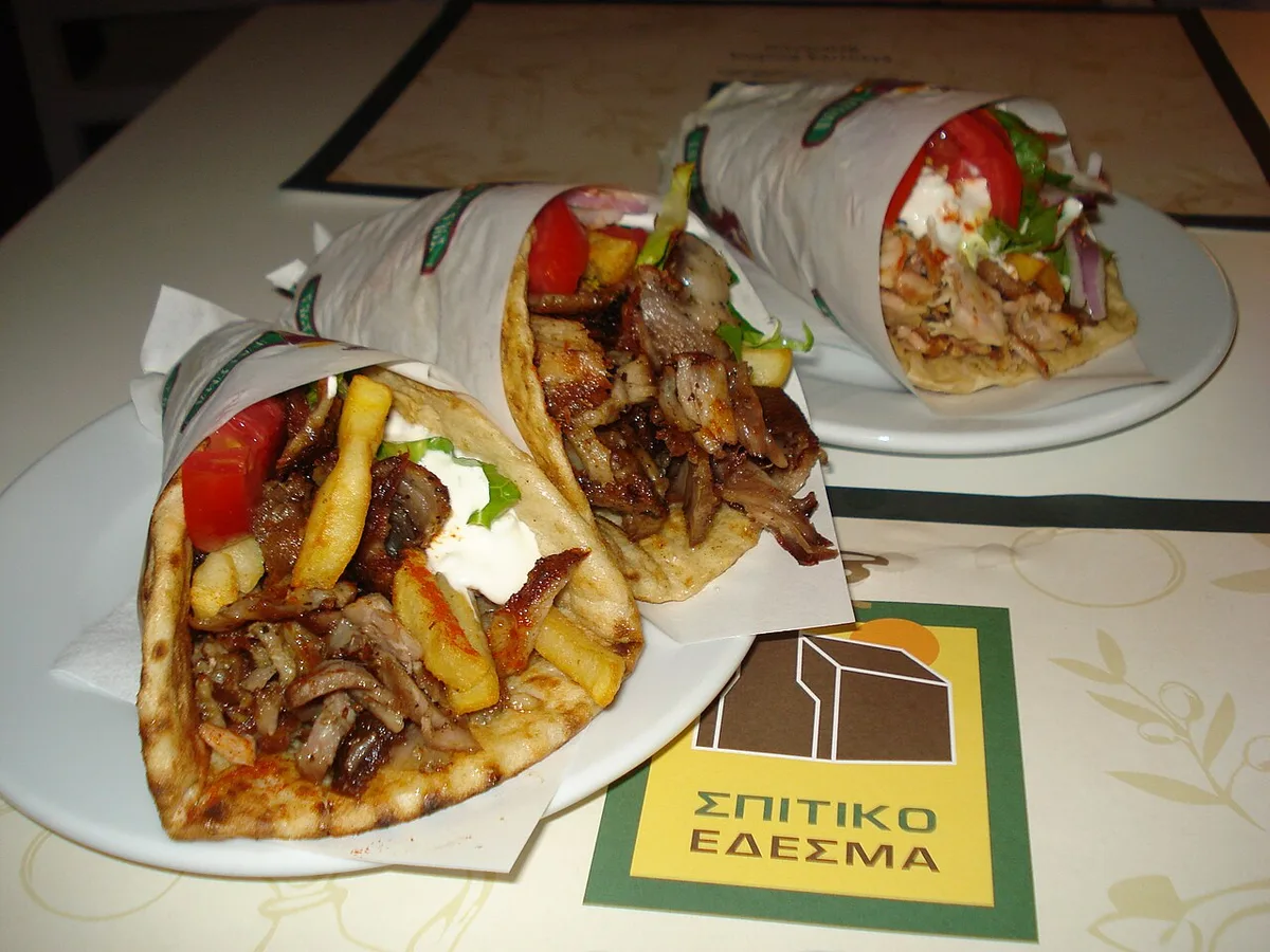 Gyros pitas at a Greek souvlaki counter