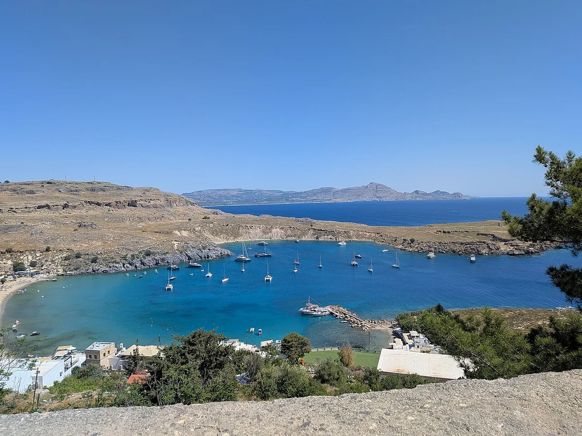Lindos bay, Rhodes: the beach and its shoreline tavernas