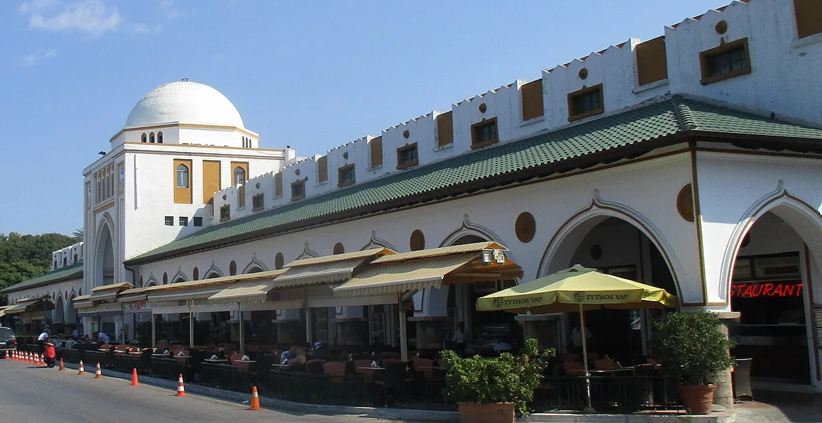 The Nea Agora (New Market) restaurant terraces at Mandraki harbor, Rhodes