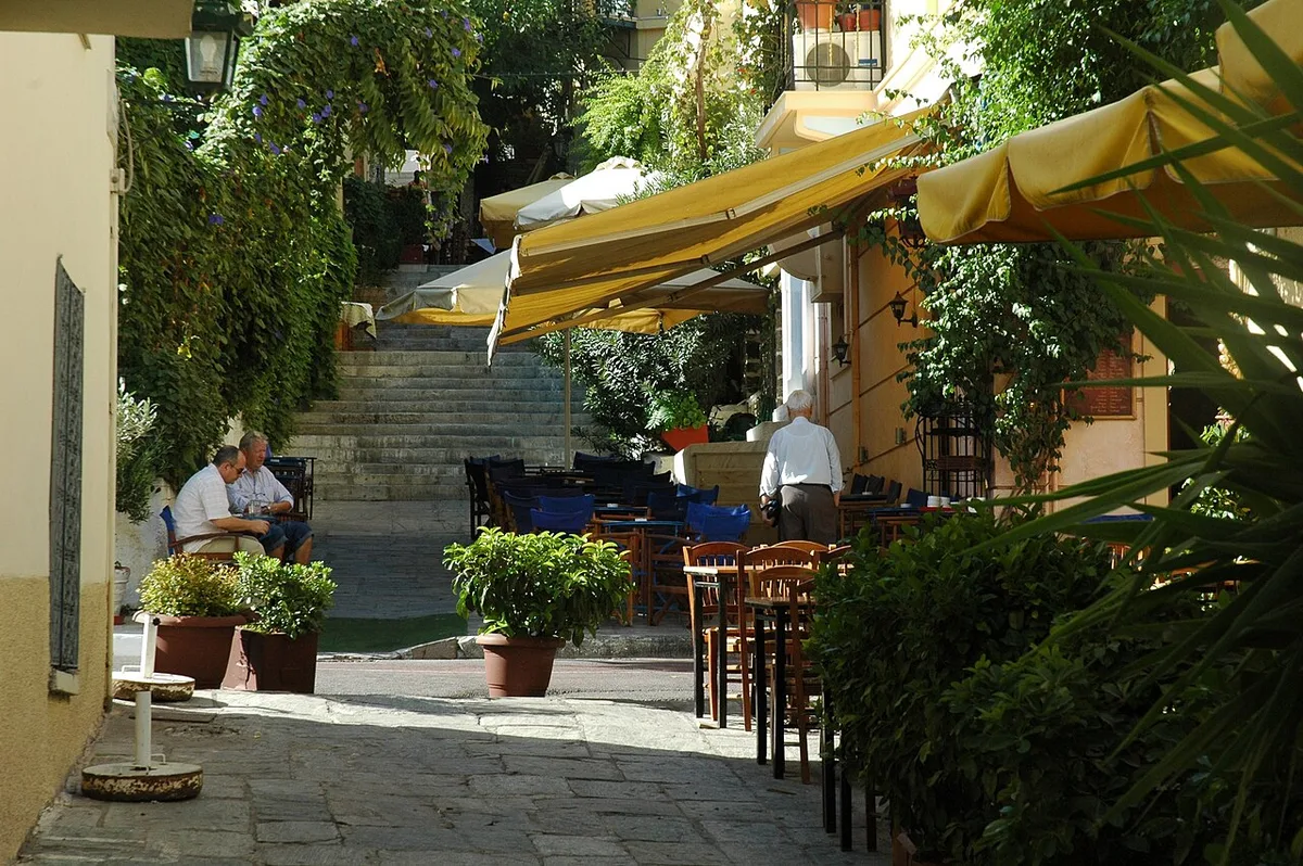 Taverna terraces on the steps of Mnisikleous Street, Plaka, Athens