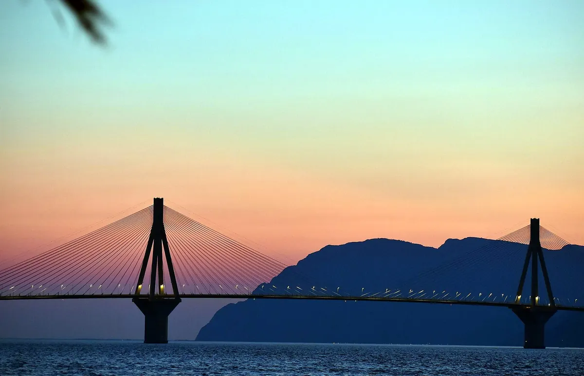 The Rio-Antirrio Bridge at sunset