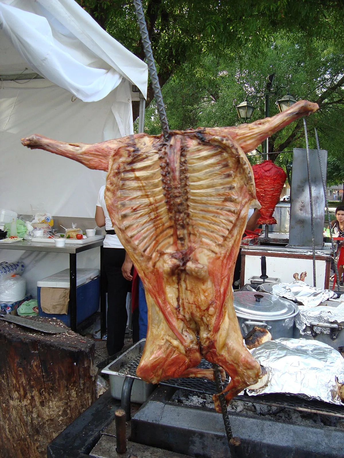 Cabrito roasting on a spit over coals, Monterrey