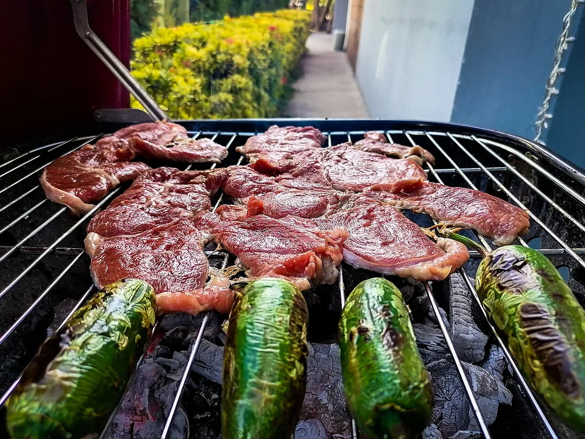 Carne asada and jalapeños over charcoal on the backyard grill