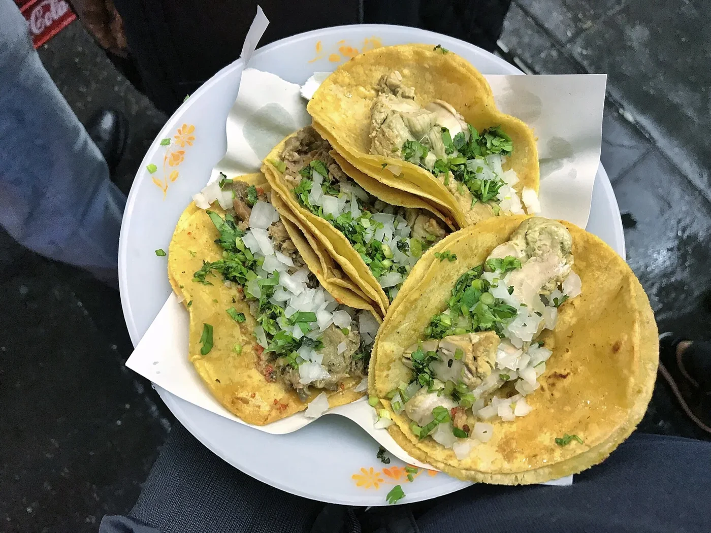 Tacos de suadero, con todo: onion and cilantro