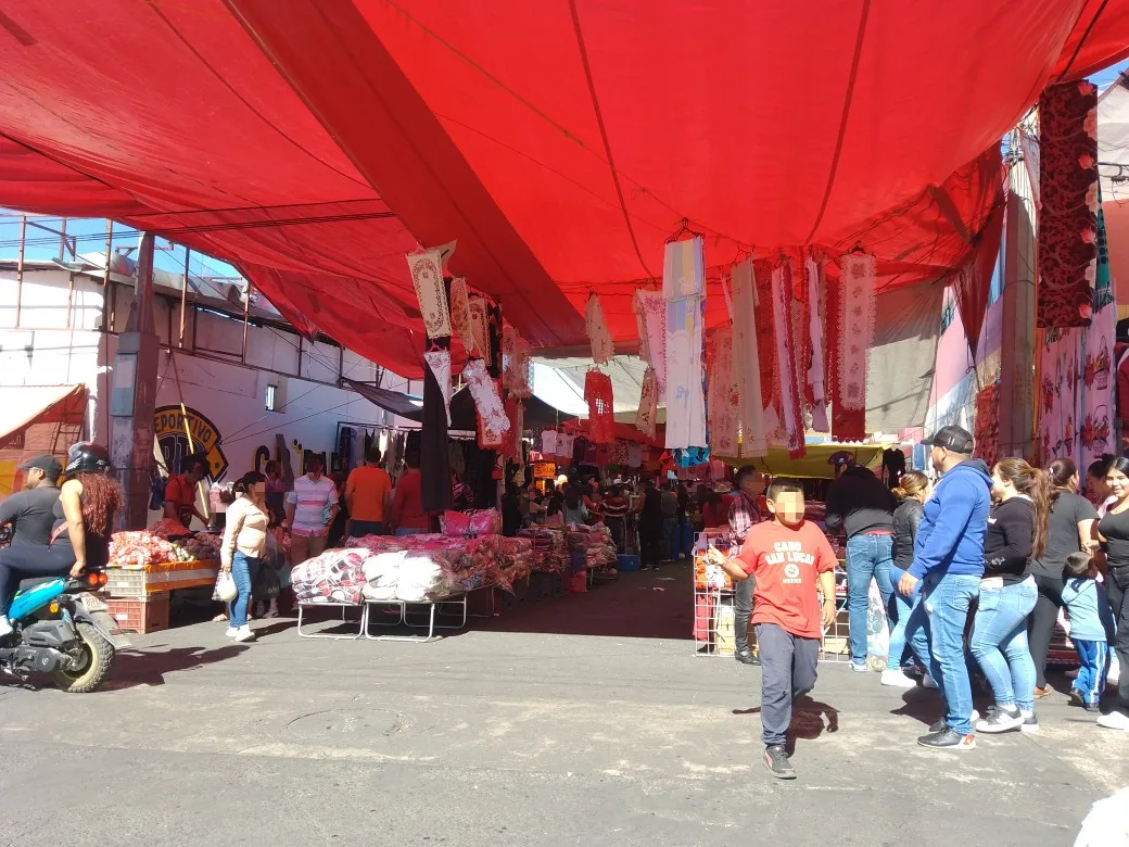 A tianguis street market under its tarps, stalls lining the street