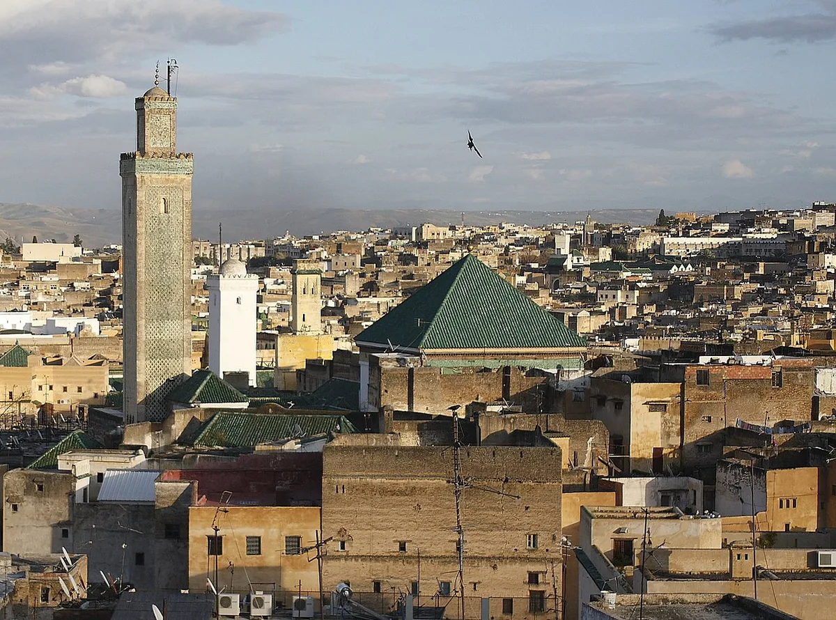 Fès el-Bali from a rooftop terrace: the Qarawiyyin minaret over the medina