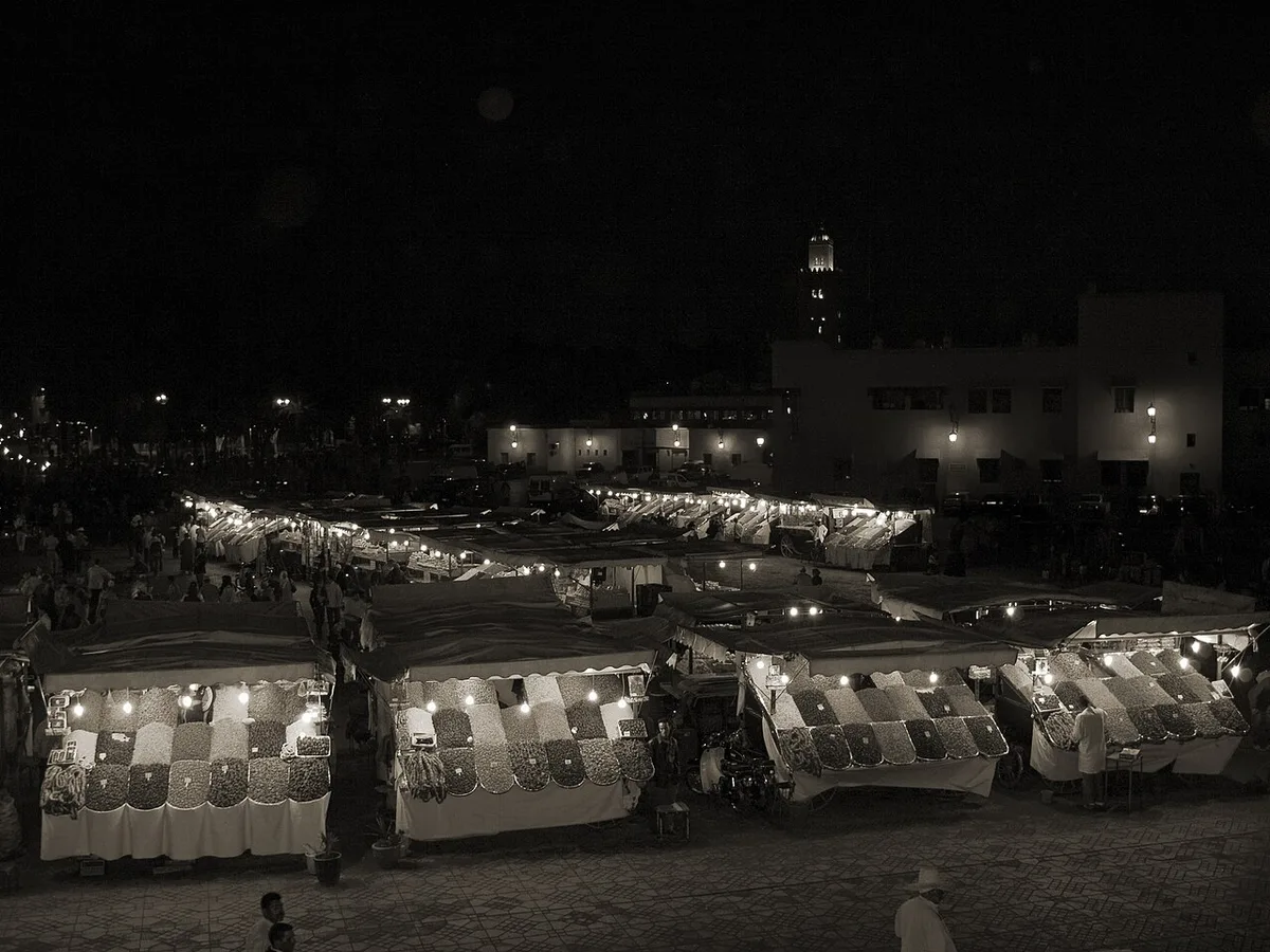 Jemaa el-Fnaa's food stalls at night, seen from the Café Argana terrace