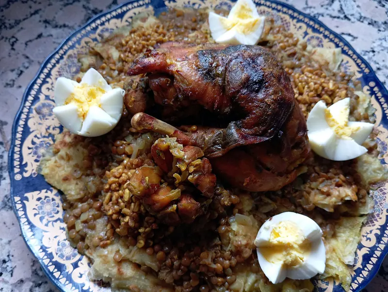 Rfissa: chicken with lentils over shredded msemen