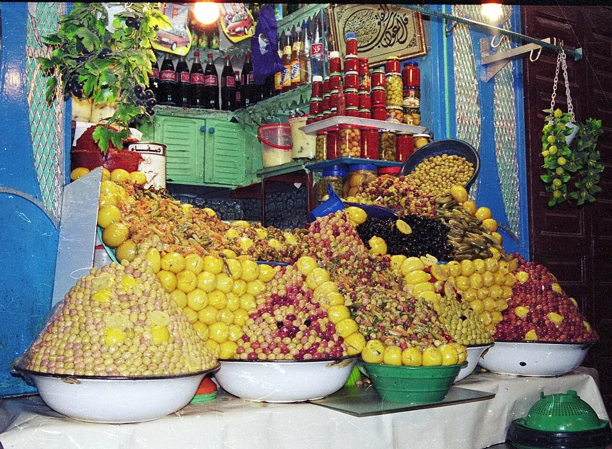 Olives and preserved lemons at a medina market stall