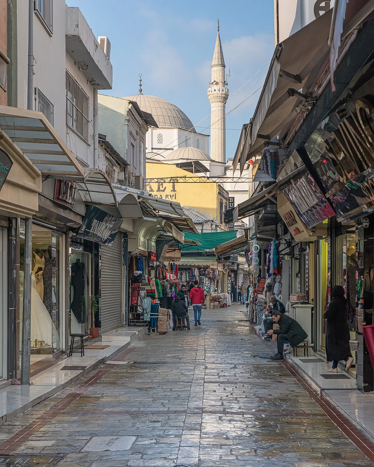 A Kemeraltı bazaar lane with the Hisar Mosque behind, Izmir