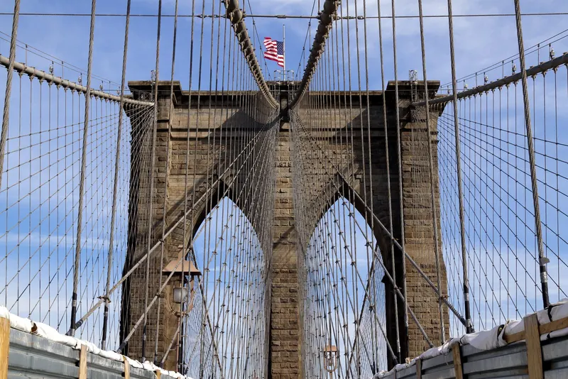 The Manhattan-side tower of the Brooklyn Bridge