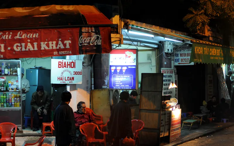 A bia hoi corner in Hanoi's Old Quarter: fresh draft beer on plastic stools