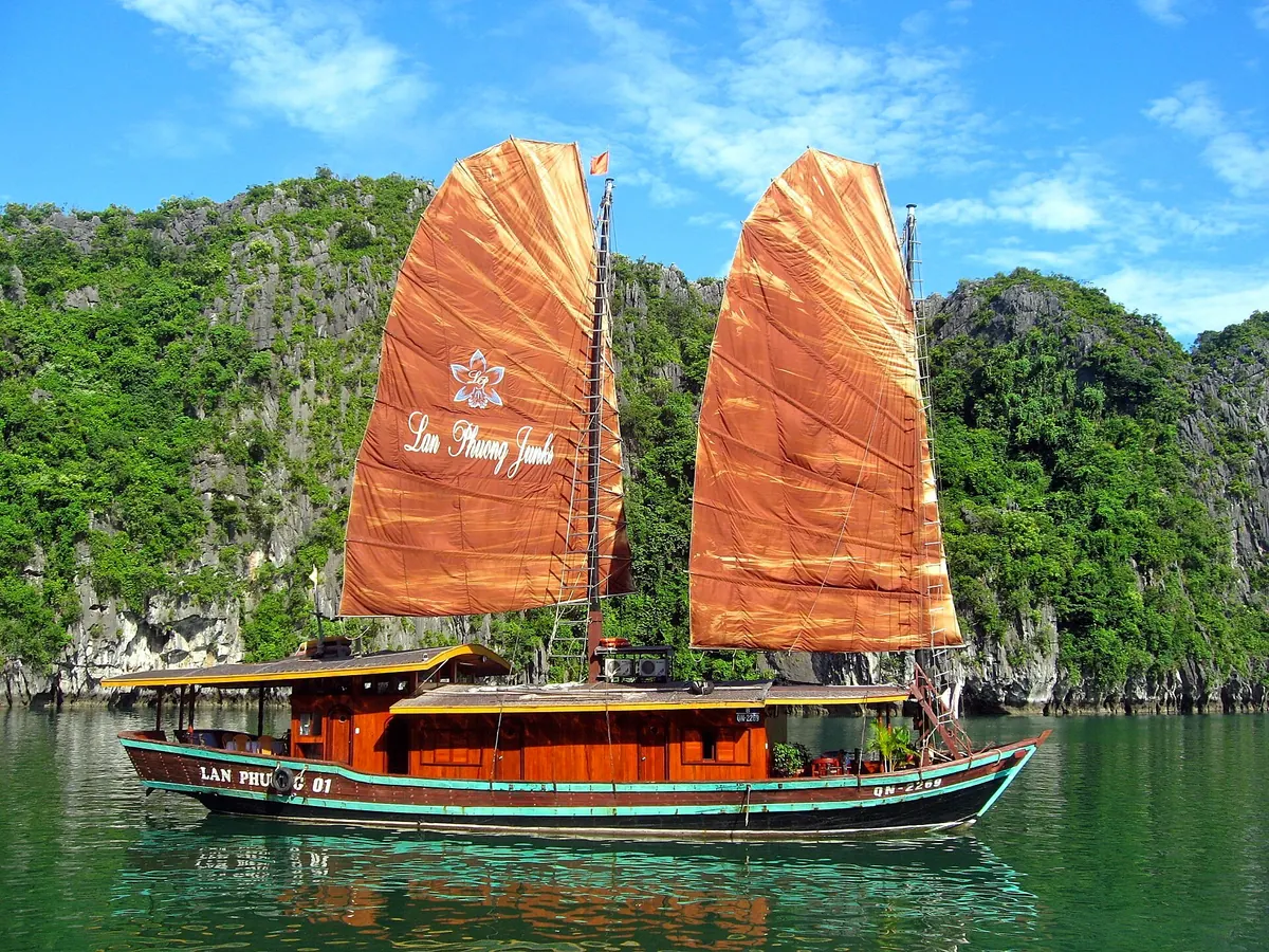 A traditional junk under sail in Ha Long Bay